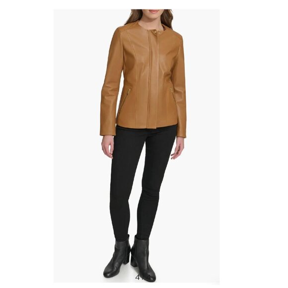 New Cole Haan Women's Collarless Leather Jacket Size Small - Picture 2 of 4